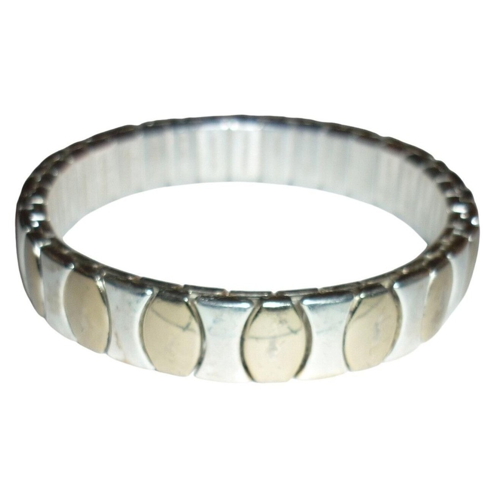 Vintage Two Tone Silver Gold Tone Expansion Stretch Link Bracelet 0.5 Inch Wide
